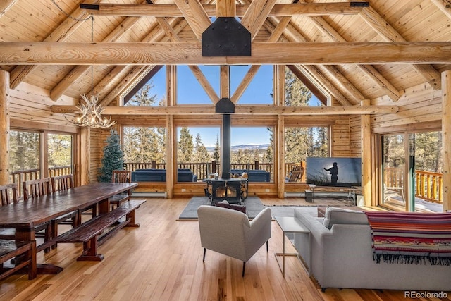 sunroom featuring wood ceiling, lofted ceiling with beams, a wood stove, and a notable chandelier