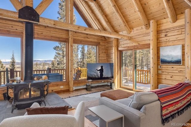 living room with a wood stove, wood walls, and wood ceiling