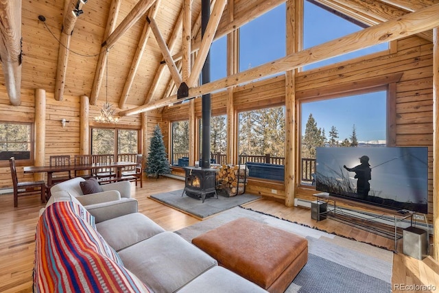 living area with wood ceiling, beamed ceiling, wooden walls, and wood finished floors