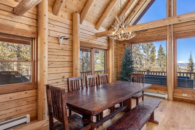 dining room featuring light wood-style flooring, beamed ceiling, a baseboard radiator, and wooden ceiling