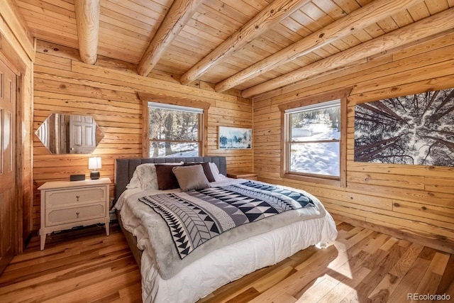 bedroom featuring wood ceiling, wooden walls, beamed ceiling, and wood finished floors