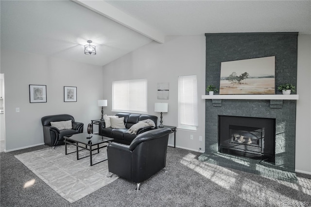 living room with a fireplace and lofted ceiling with beams