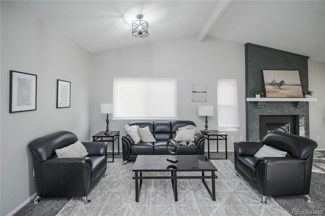 living room featuring carpet, vaulted ceiling with beams, and a fireplace