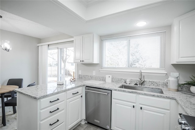 kitchen with sink, white cabinets, stainless steel dishwasher, light stone counters, and kitchen peninsula