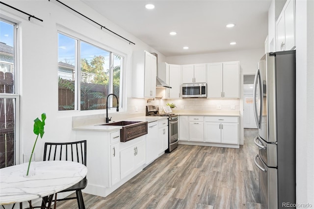 kitchen featuring white cabinetry, appliances with stainless steel finishes, a healthy amount of sunlight, decorative backsplash, and sink