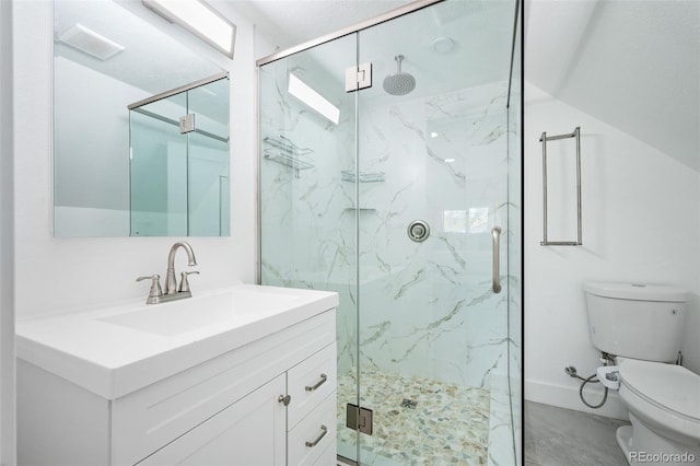 bathroom featuring toilet, vanity, and an enclosed shower