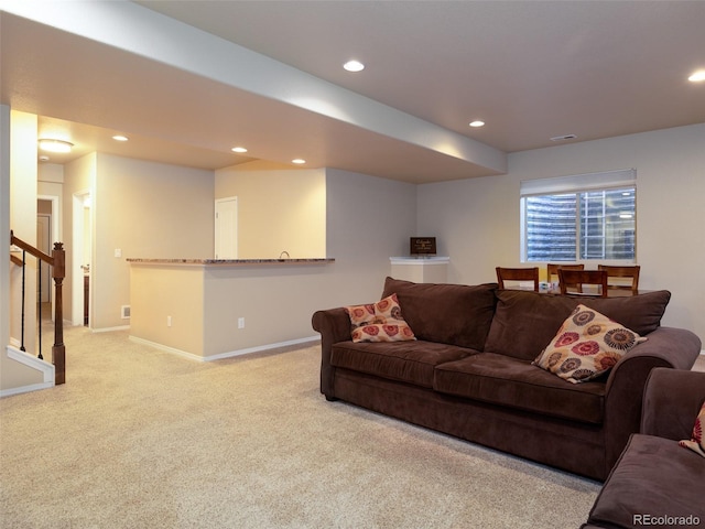 living room with stairway, carpet, visible vents, baseboards, and recessed lighting