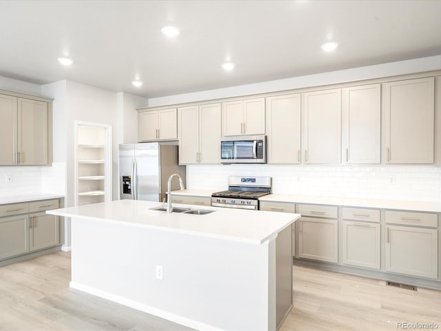 kitchen with visible vents, gray cabinets, stainless steel appliances, light wood-type flooring, and a sink