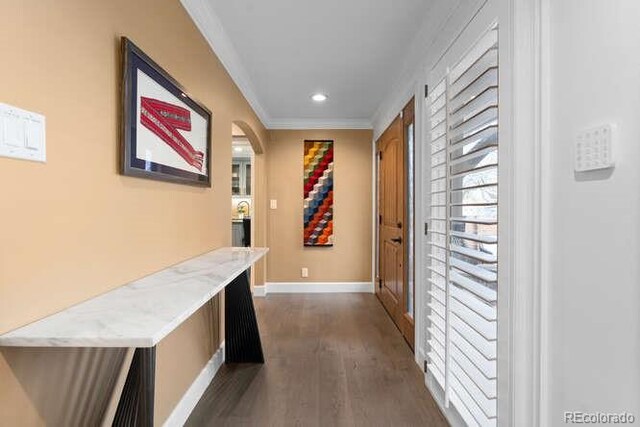 hallway with crown molding and dark wood-type flooring