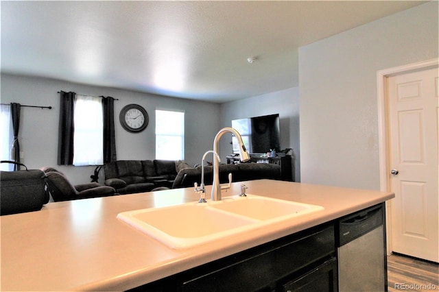 713 Indigo St, Brighton, CO 80603 - kitchen featuring dishwasher, open floor plan, light countertops, and wood finished floors