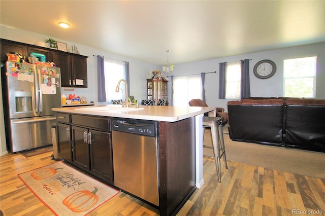713 Indigo St, Brighton, CO 80603 - kitchen with stainless steel appliances, light countertops, light wood-type flooring, dark brown cabinetry, and open floor plan
