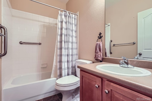 10117 Waco St, Commerce City, CO 80022 - full bathroom with vanity, shower / bath combo with shower curtain, a textured wall, and tile patterned flooring