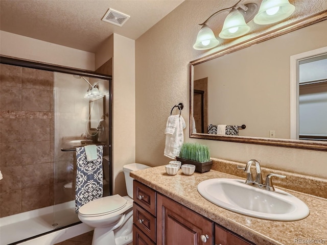 3540 E 5th Ave, Denver, CO 80206 - full bathroom with a shower stall, a textured wall, vanity, toilet, and a textured ceiling