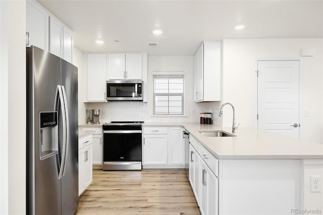 kitchen with stainless steel appliances, a peninsula, a sink, and white cabinetry