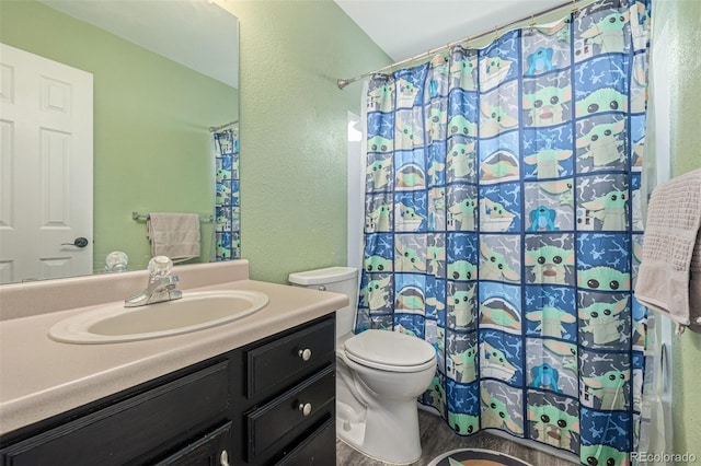 2634 E 132nd Ave, Thornton, CO 80241 - bathroom with a textured wall, vanity, and a shower with curtain