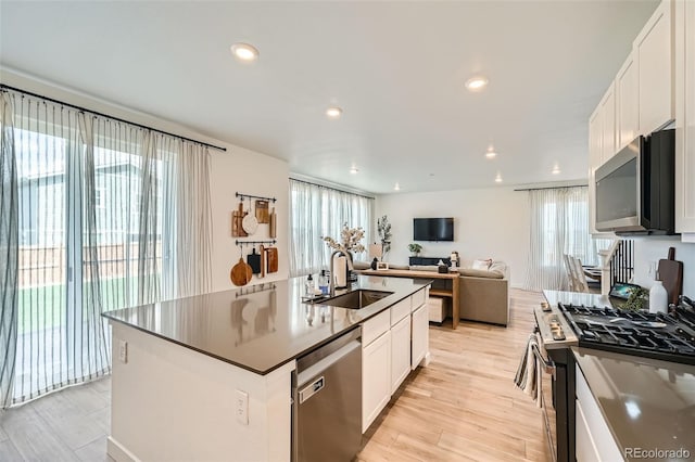 kitchen with light wood-type flooring, open floor plan, appliances with stainless steel finishes, and a sink