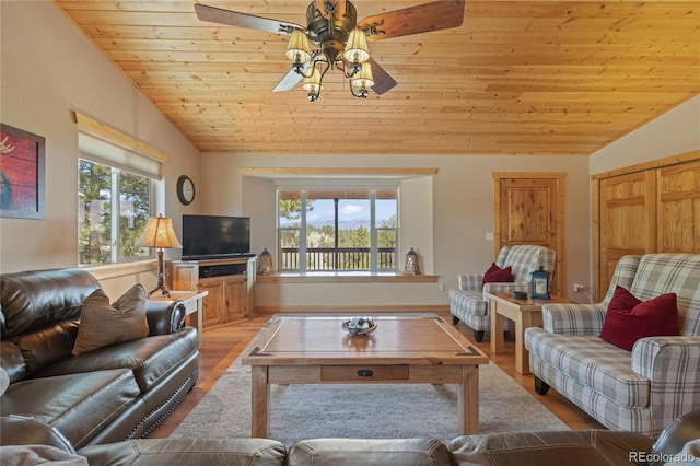 1948 Wagon Wheel Rd, Hartsel, CO 80449 - living room with lofted ceiling, wooden ceiling, a ceiling fan, and light wood-style flooring