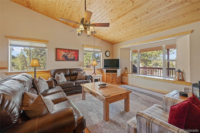 1948 Wagon Wheel Rd, Hartsel, CO 80449 - carpeted living room with wood ceiling, lofted ceiling, and ceiling fan