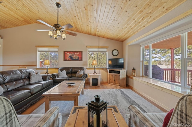 1948 Wagon Wheel Rd, Hartsel, CO 80449 - living room with vaulted ceiling, wooden ceiling, ceiling fan, light wood-style floors, and healthy amount of natural light