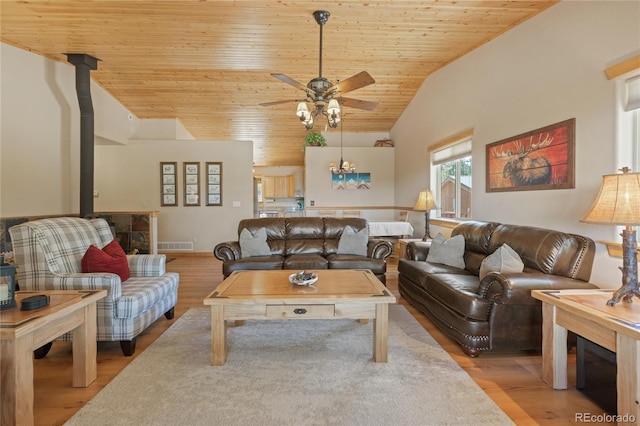 1948 Wagon Wheel Rd, Hartsel, CO 80449 - living room featuring vaulted ceiling, wooden ceiling, ceiling fan, and light wood-type flooring