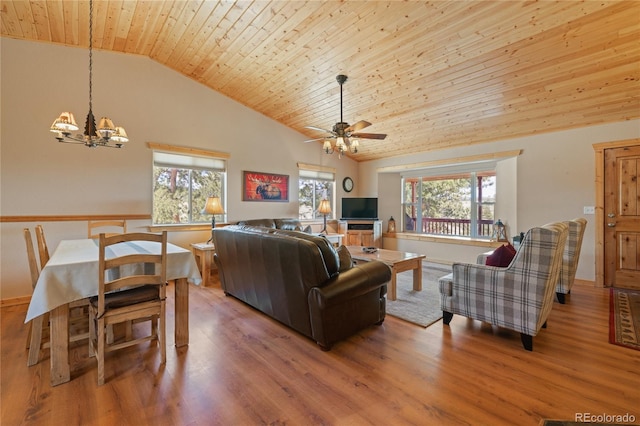 1948 Wagon Wheel Rd, Hartsel, CO 80449 - living area featuring wooden ceiling, a chandelier, a ceiling fan, wood finished floors, and high vaulted ceiling