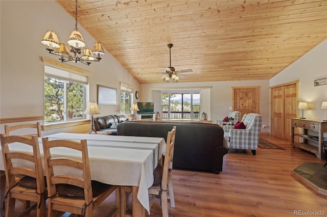 1948 Wagon Wheel Rd, Hartsel, CO 80449 - dining room featuring wood ceiling, a chandelier, wood finished floors, ceiling fan, and high vaulted ceiling