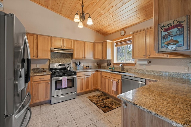 1948 Wagon Wheel Rd, Hartsel, CO 80449 - kitchen with stainless steel appliances, wood ceiling, under cabinet range hood, light tile patterned floors, and a chandelier