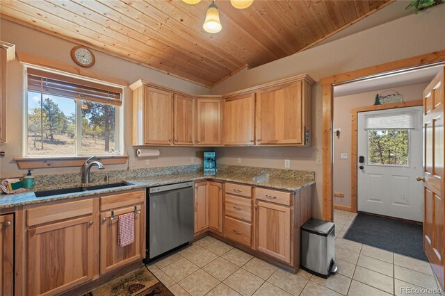 1948 Wagon Wheel Rd, Hartsel, CO 80449 - kitchen featuring stainless steel dishwasher, lofted ceiling, light tile patterned flooring, wooden ceiling, and light stone counters