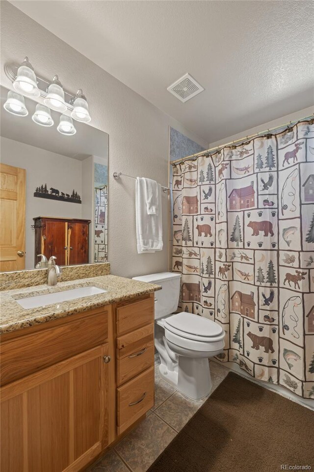 1948 Wagon Wheel Rd, Hartsel, CO 80449 - full bathroom with vanity, tile patterned flooring, a shower with curtain, and a textured wall