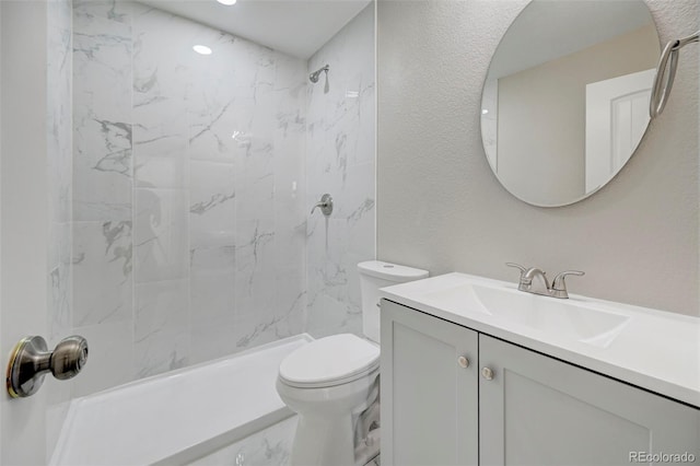 full bath with toilet, vanity, marble finish floor, and a shower