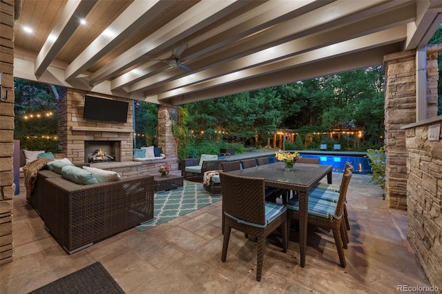 4766 S Fillmore Ct, Cherry Hills Village, CO 80113 - view of patio featuring an outdoor living space with a fireplace, an outdoor pool, and outdoor dining space