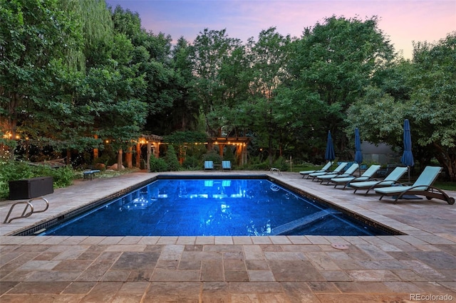 4766 S Fillmore Ct, Cherry Hills Village, CO 80113 - pool at dusk featuring a patio, an outdoor pool, and view of wooded area