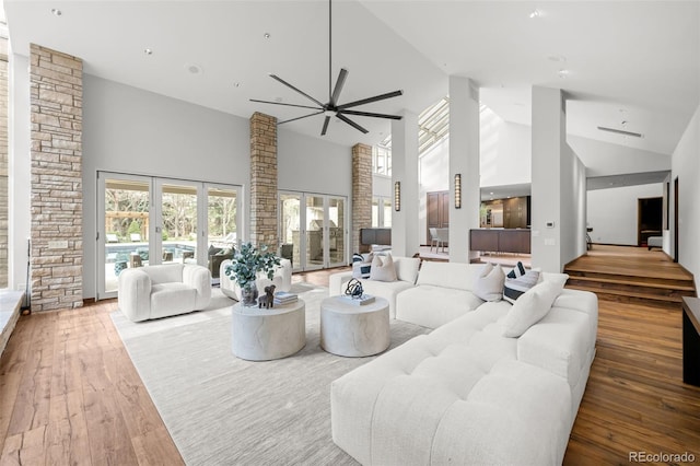 4766 S Fillmore Ct, Cherry Hills Village, CO 80113 - living room featuring high vaulted ceiling, hardwood / wood-style flooring, and ceiling fan