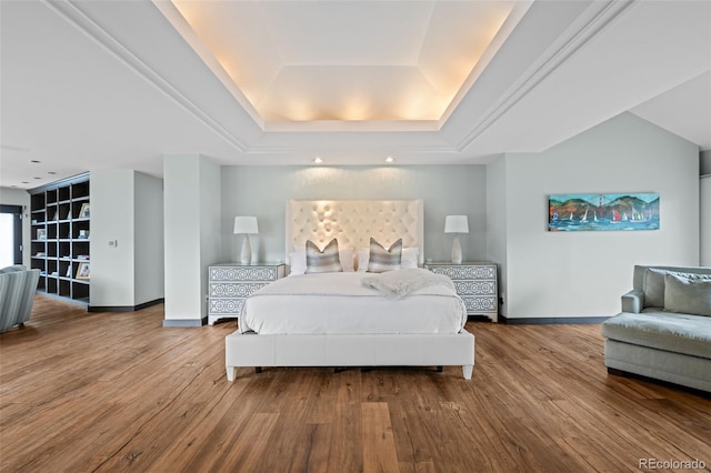 4766 S Fillmore Ct, Cherry Hills Village, CO 80113 - bedroom with a tray ceiling, baseboards, and wood finished floors