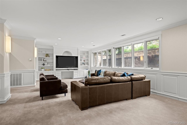 4766 S Fillmore Ct, Cherry Hills Village, CO 80113 - living room featuring ornamental molding, light colored carpet, built in shelves, a decorative wall, and recessed lighting
