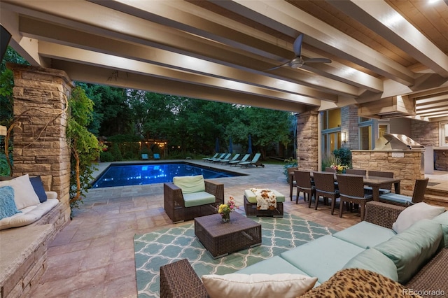 4766 S Fillmore Ct, Cherry Hills Village, CO 80113 - outdoor pool with an outdoor hangout area, exterior kitchen, outdoor dining space, a patio, and ceiling fan