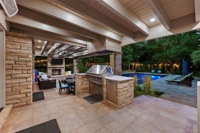 4766 S Fillmore Ct, Cherry Hills Village, CO 80113 - view of patio / terrace featuring a grill, an outdoor stone fireplace, area for grilling, and an outdoor pool