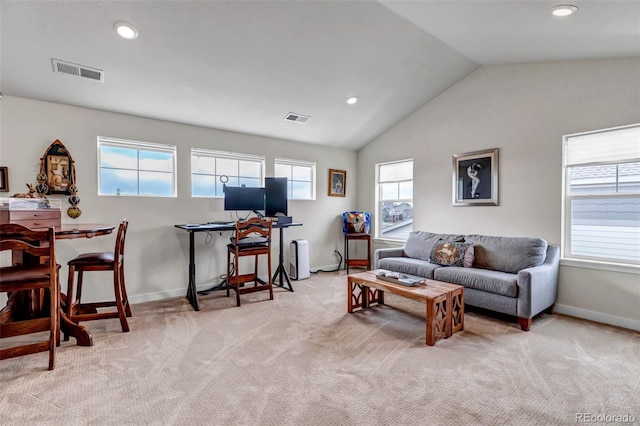 living area with light carpet, plenty of natural light, lofted ceiling, baseboards, and recessed lighting