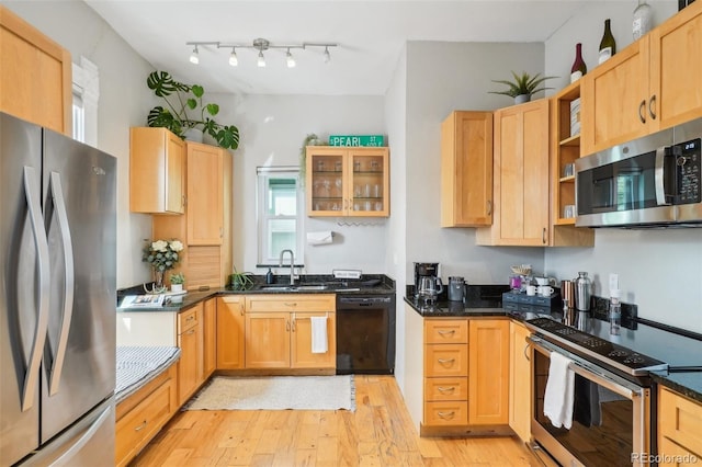 kitchen featuring stainless steel appliances, a sink, light wood-type flooring, and open shelves