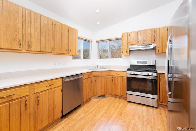 kitchen featuring sink, light wood-type flooring, vaulted ceiling, and appliances with stainless steel finishes