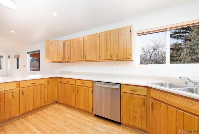 kitchen featuring sink, light hardwood / wood-style floors, and stainless steel dishwasher