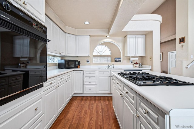 kitchen featuring white cabinets, dark hardwood / wood-style flooring, sink, and black appliances