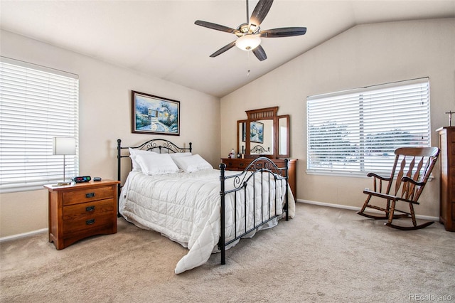 carpeted bedroom featuring ceiling fan and lofted ceiling