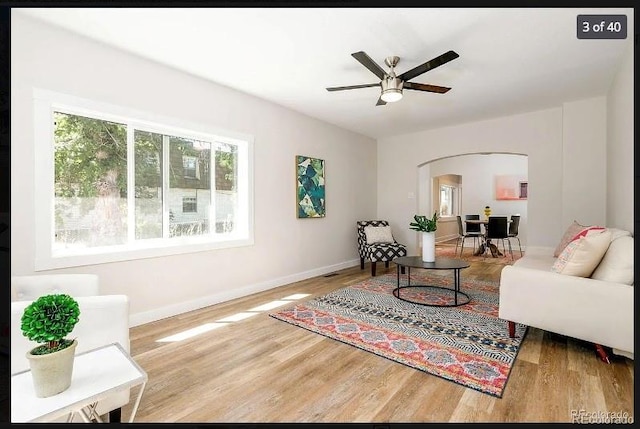 living room featuring hardwood / wood-style floors and ceiling fan