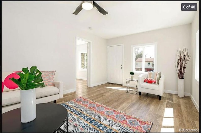 sitting room with light hardwood / wood-style flooring and ceiling fan