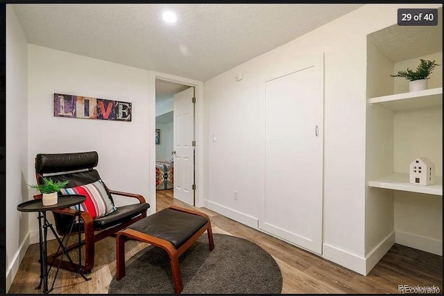 living area featuring wood-type flooring and a textured ceiling