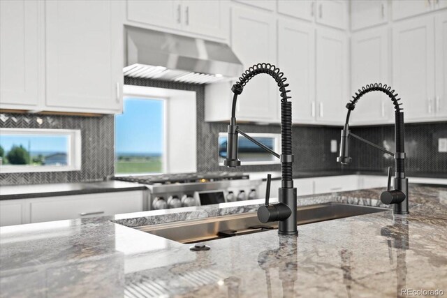 kitchen featuring white cabinets, tasteful backsplash, and light stone countertops