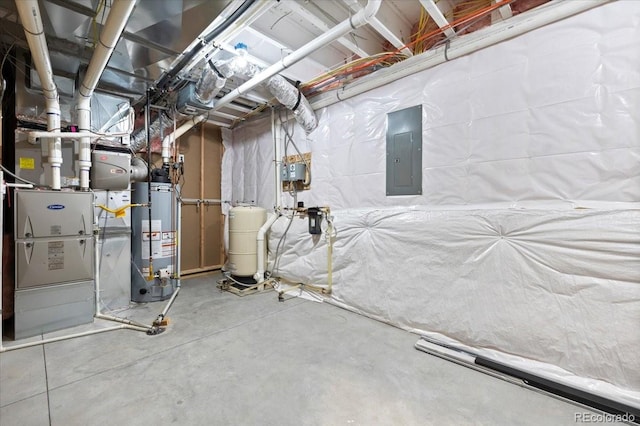 basement featuring gas water heater and electric panel