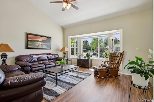 16304 10th St, Mead, CO 80542 - living area featuring a ceiling fan, wood finished floors, and high vaulted ceiling