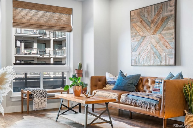 living area with a wealth of natural light and wood-type flooring